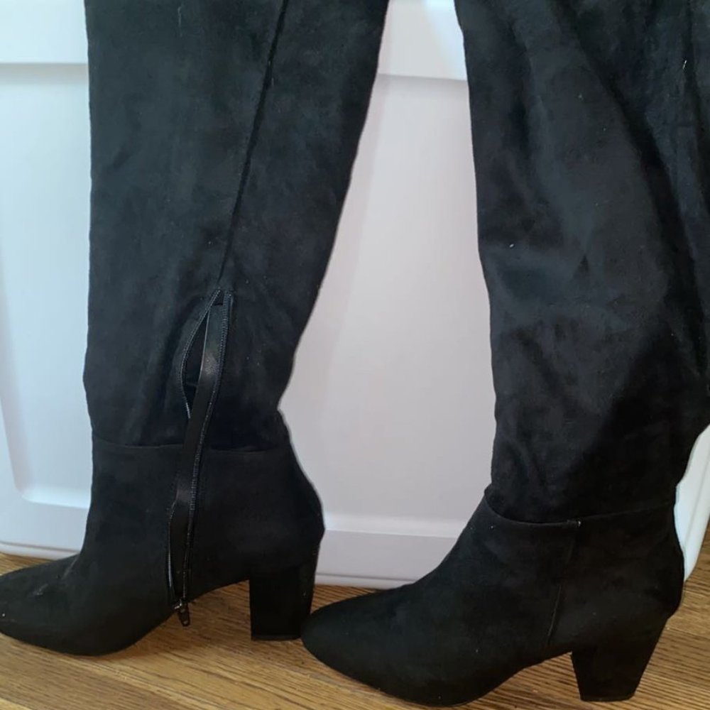 Black suede knee high heel boots